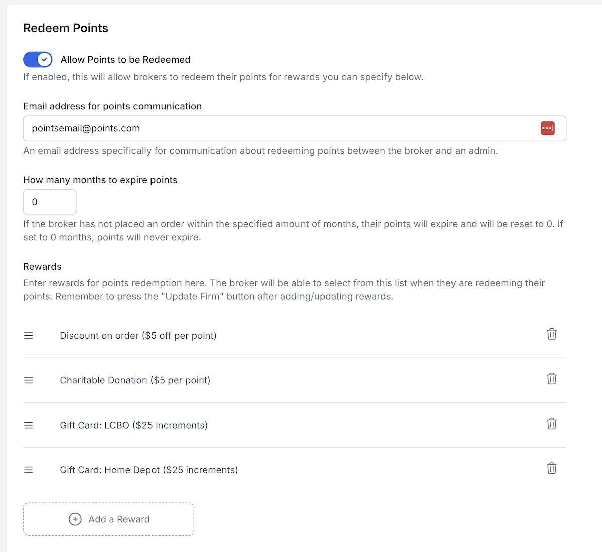 Redeem Points Settings